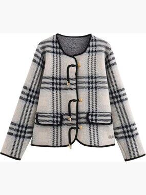 Vintage Button Down Cardigan Sweater Plaid Print Long Sleeve Knit Coat with